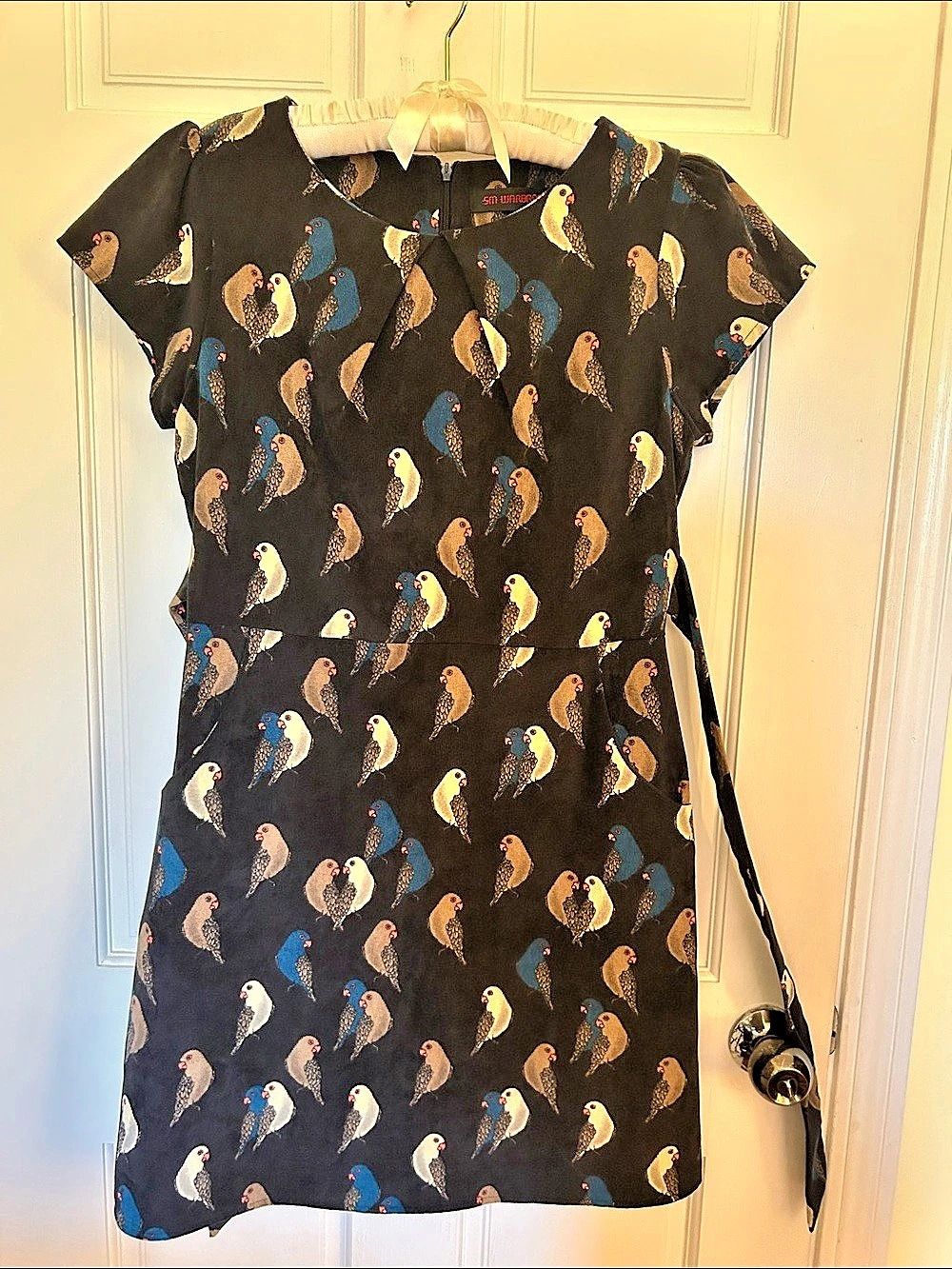 SM WARDROBE Retro Parrot Dress Corduroy Novelty Bird Print Mini Black & Blue
